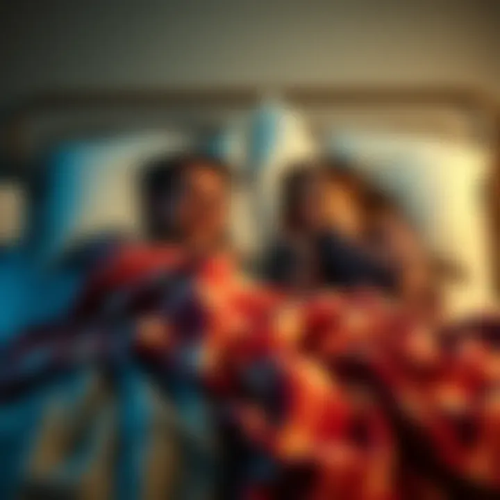 A man and a woman humorously sharing a single bed, both looking surprised and amused, with cozy blankets around them.