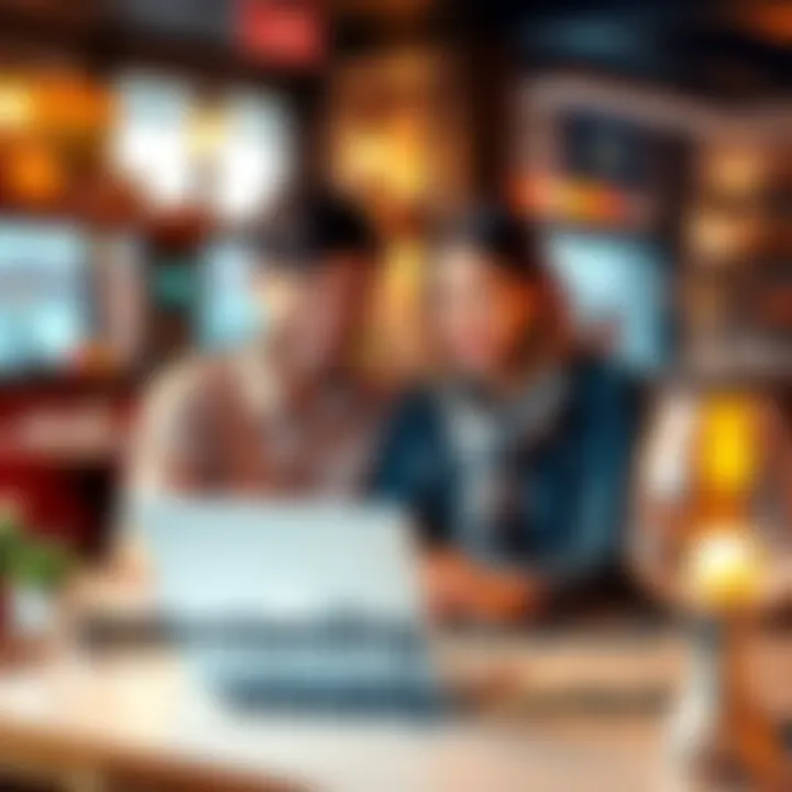 A man and a woman discussing and sharing ideas over a laptop in a cozy café, showcasing relatable content creation.