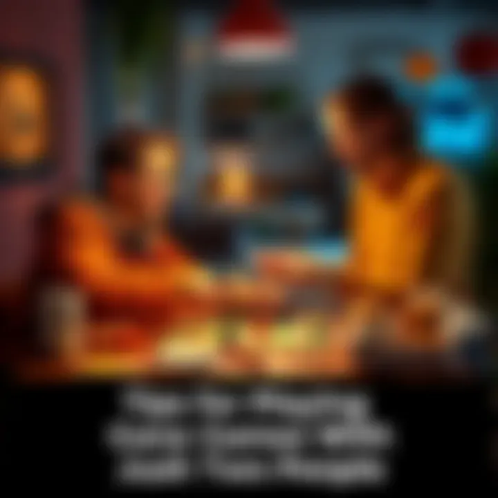 Two players enjoying a board game together A couple sitting at a table, smiling and playing a board game, surrounded by game pieces and snacks