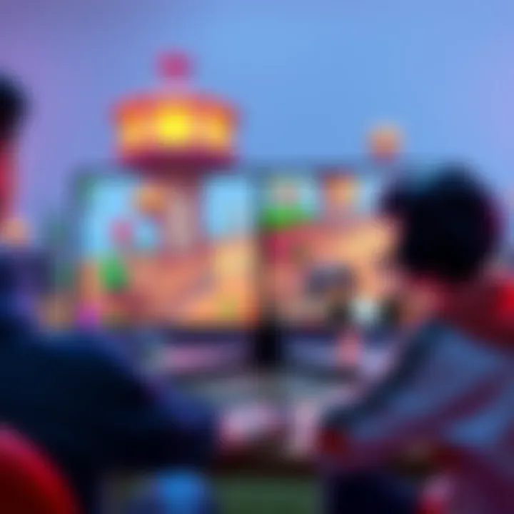 Two players on a split screen, exploring a colorful world with cartoonish characters and engaging in combat