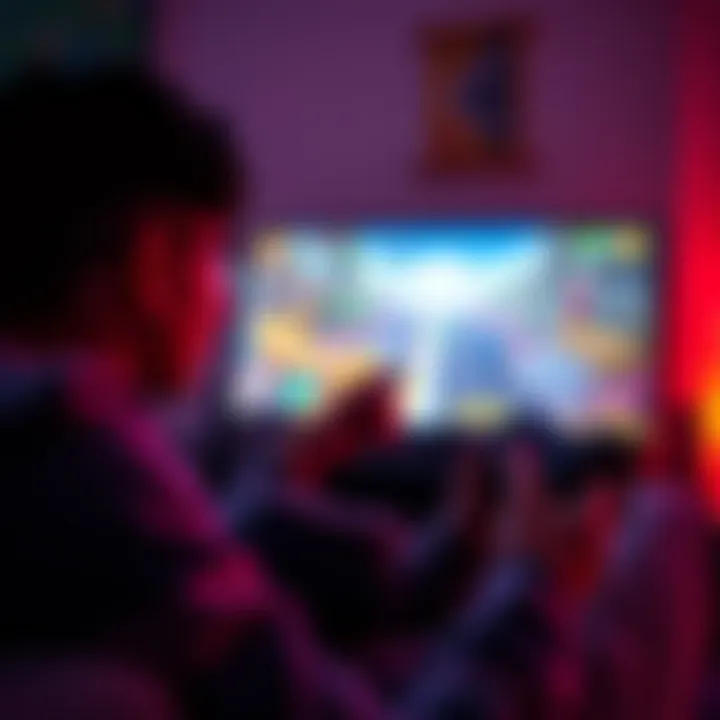 A parent and child playing a cooperative adventure game on the same screen, with colorful graphics and action scenes visible