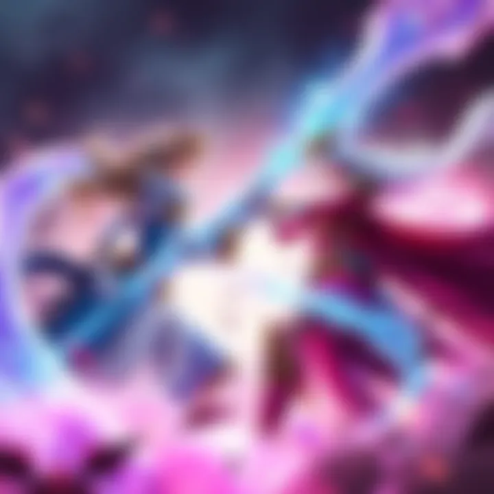 Two powerful queens engaging in a fierce battle, surrounded by a dynamic gaming environment with spell effects and intense action