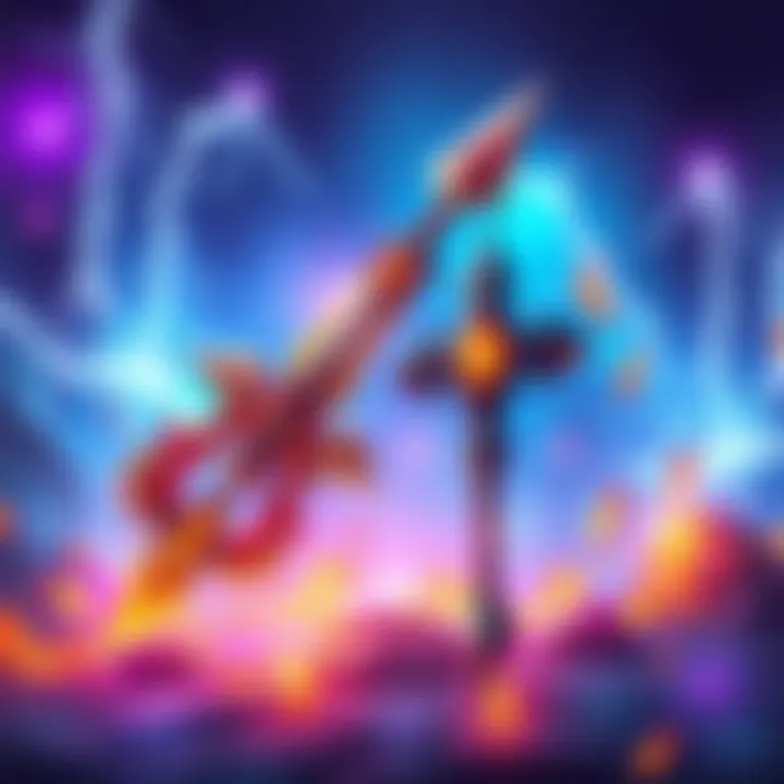 Illustration of two iconic weapons from gaming that lack faith requirements, set against a vibrant fantasy backdrop with elements of lightning and flame art around them.
