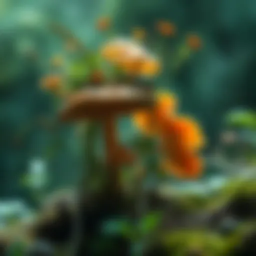 Illustration showing Twyre intertwined with herbs and a fungal growth, highlighting the theory of its fungal origins.