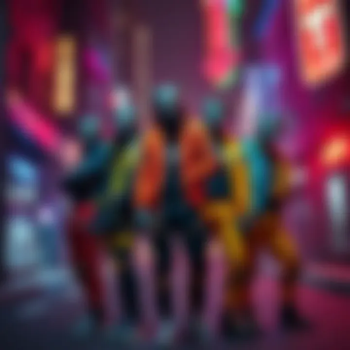 Tyger Claws gang members in Night City A group of Tyger Claws gang members in colorful outfits with cybernetic enhancements, posing confidently in a neon-lit Night City street.