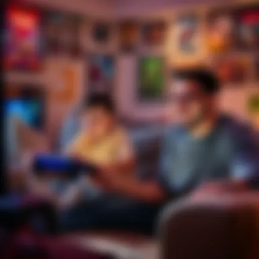 Tyler Playing Video Games with Dad A young boy named Tyler sits on a couch, focused on a video game, while his dad watches and smiles proudly. The room is cozy with gaming posters on the walls.