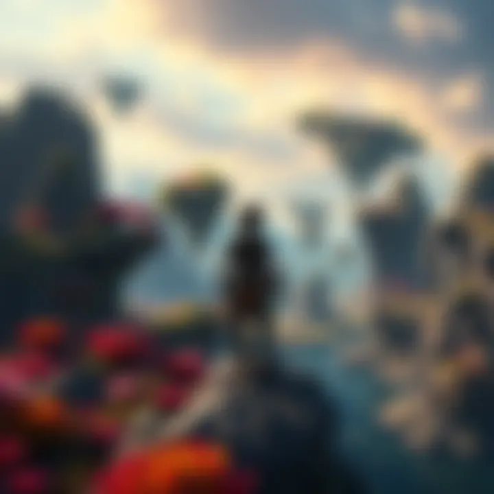 Typhon DeLeon stands on the vibrant landscape of Pandora, gazing at the sky filled with floating islands and colorful flora.