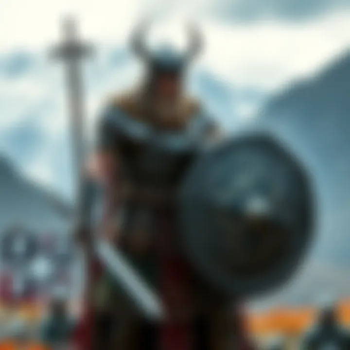 Týr, the Norse god of war, dressed in battle armor, standing strong with a sword and shield, surrounded by a rugged landscape