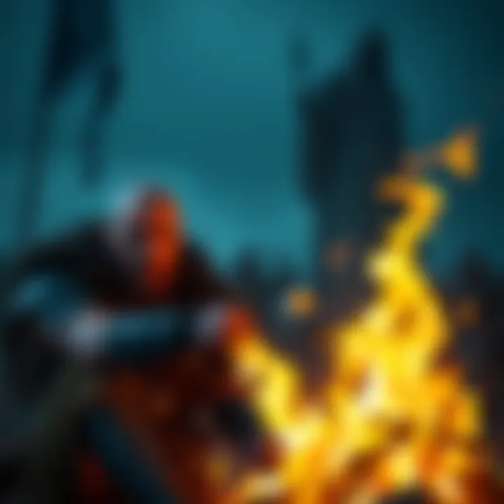 Tyr, the Norse god, sits calmly near a bright fire, showing no signs of being burned, dressed in Aesir clothing.