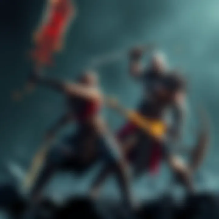 Tyr wielding various weapons in a fierce battle against Kratos, showcasing their combat skills.