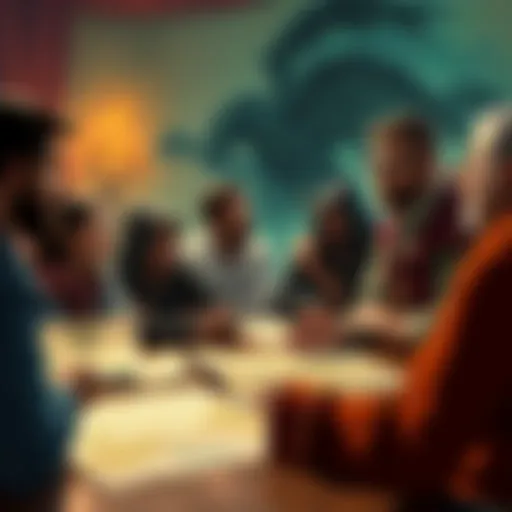 A group of DnD players discussing the Tyranny of Dragons module, showing character sheets and maps on a table, with expressions of concern and debate.