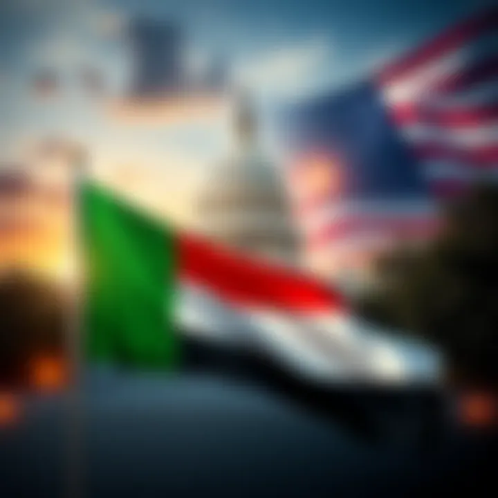 The UAE flag displayed prominently with the US Capitol Building in the background, symbolizing the relationship between the UAE and the USA amidst rising tensions.