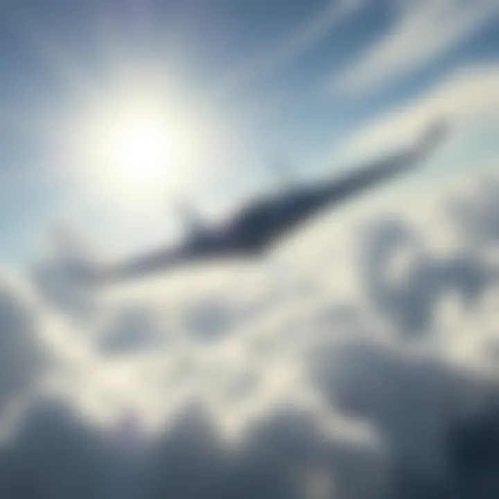 A futuristic craft soaring through the sky, illustrating man-made technology that can defy gravity, surrounded by clouds and sunlight.