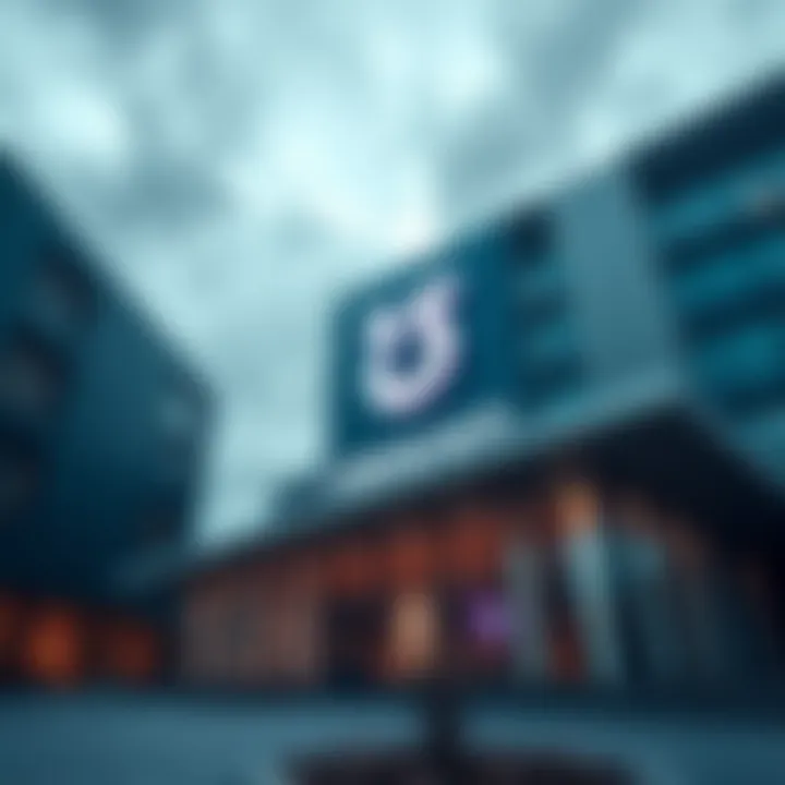 Exterior view of Ubisoft's office building showcasing the company logo and a cloudy sky