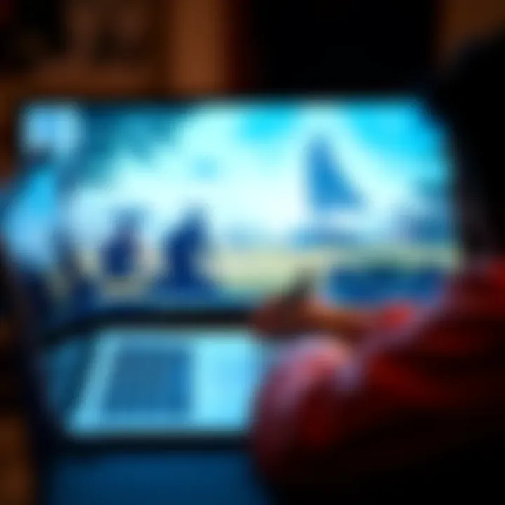 A person filling out a survey on a laptop, with game graphics in the background