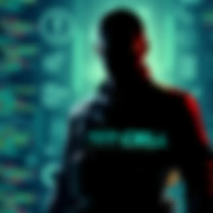 A shadowy figure in a tactical outfit, representing a character from the Splinter Cell series, is partially illuminated, creating an atmosphere of anticipation. The background hints at a digital interface with coding elements, reflecting Ubisoft's recent cryptic tweets.