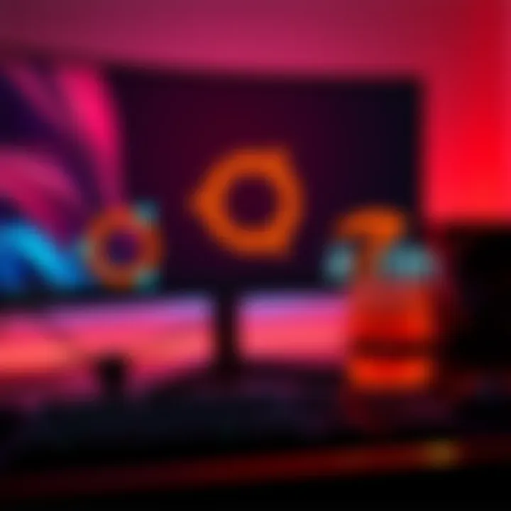 A gaming setup featuring Ubuntu and Zorin logos with a keyboard and a gaming monitor