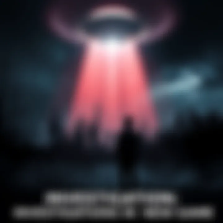 A dark, eerie landscape with a glowing UFO hovering above. Shadows of trees and a silhouette of a person looking up in awe. The atmosphere is tense and mysterious, reflecting psychological horror themes.