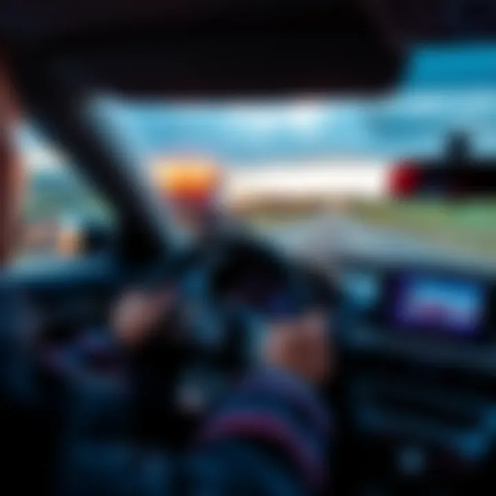A player using a right-hand steering wheel in a driving game set on a UK road.