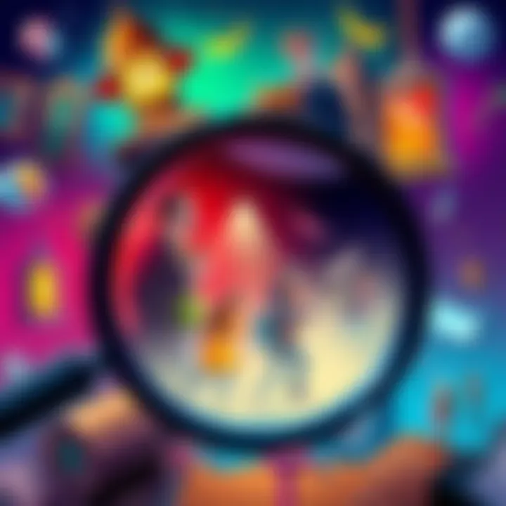 A colorful illustration showcasing detective elements like a magnifying glass, keyhole, and characters solving cases in a vibrant setting.