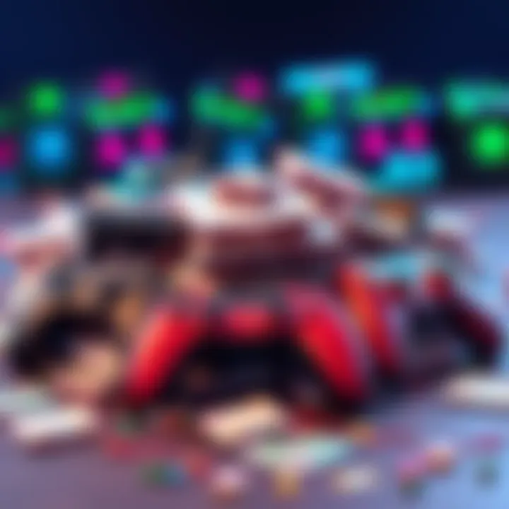 A graphic showing a pile of money and game controllers representing funding for the UK gaming industry