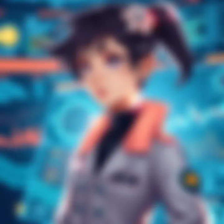 A character representing Ult Luna, a skilled researcher with bright features and a determined expression, standing in front of a digital display of her research findings.