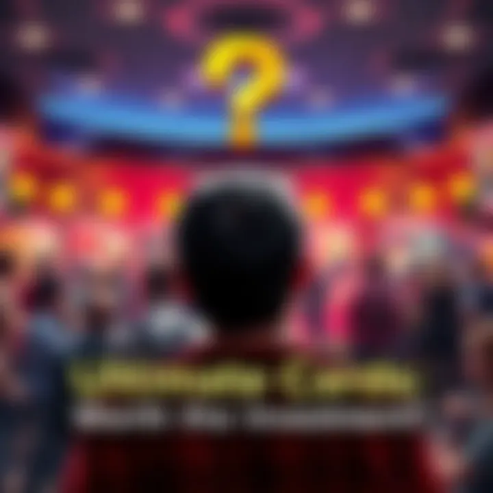 A person contemplating buying Ultimate Cards, with a stack of cards and a question mark above them, set against a community forum backdrop.