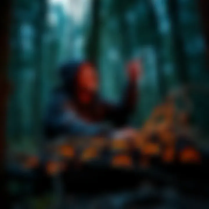 A person laughing while setting up a humorous trap in the woods, surrounded by nature.