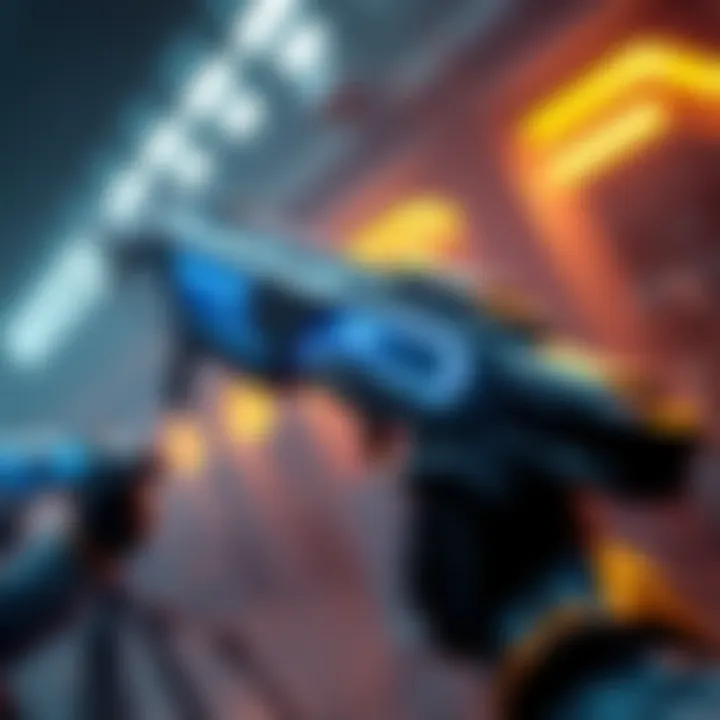 A powerful weapon designed for arc builds in gaming, featuring electric blue accents and a sleek design, showcased in action during gameplay.