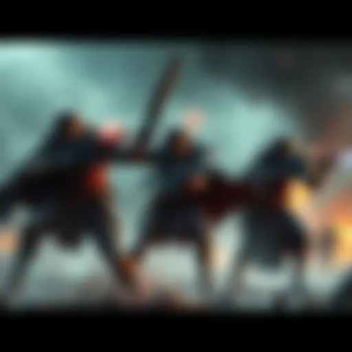 Three experienced warriors engage in intense combat on the chaotic battlefield of Taras Nabad, showcasing their skills against rival forces