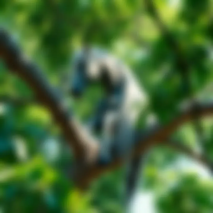 A mare resembling umamusume sitting comfortably on a branch of a large green tree, surrounded by leaves and sunlight.