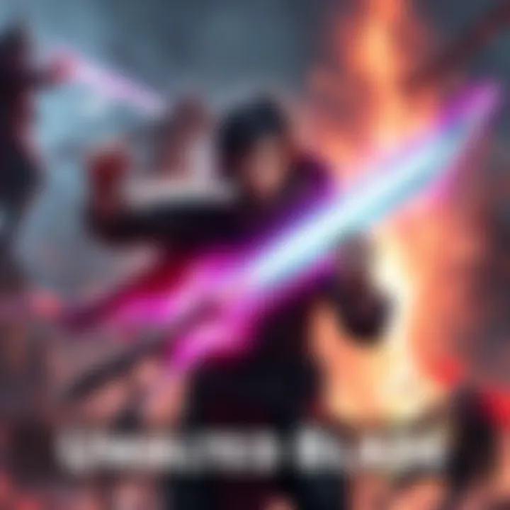 A character confidently holding the glowing Umbra Exalted Blade, surrounded by an intense battle scene, showcasing power and excitement.