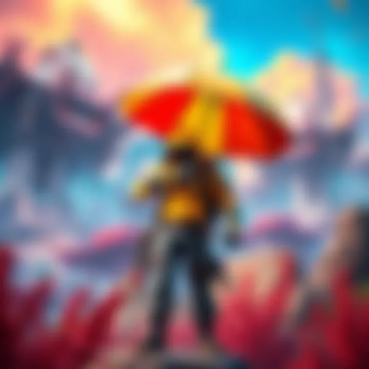 A video game character stands confidently with a colorful umbrella weapon, ready for action against a fantasy backdrop.