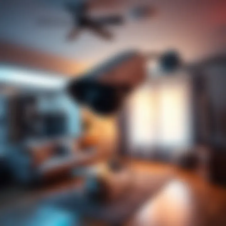 A hidden camera in a residential setting showing a living room with a suspicious device