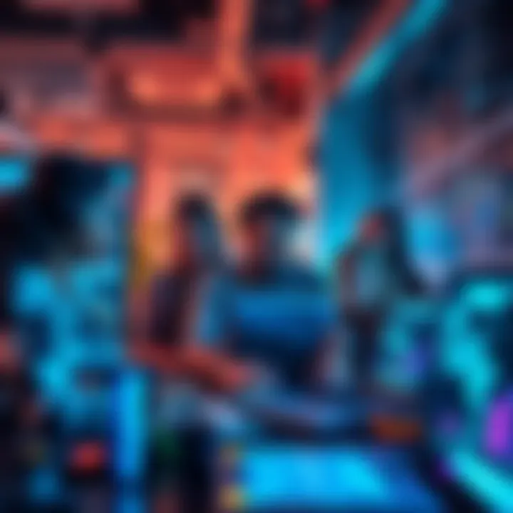 A modern office scene showing a diverse team collaborating over digital devices, highlighting innovation and creativity in the digital world of 2025.