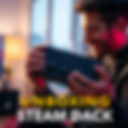 Unboxing Steam Deck Person unboxing a Steam Deck gaming device, showing excitement and joy.