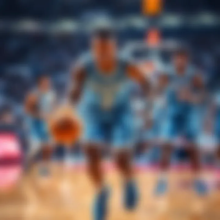 UNC Basketball Player in Action A UNC basketball player dribbling the ball while teammates strategize in the background during a game