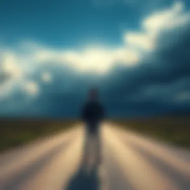A person standing at a crossroads, looking contemplative with a cloudy sky above, symbolizing uncertainty in decision-making.