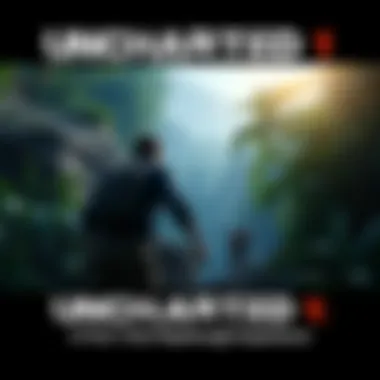 Screenshot showcasing a key action scene in Uncharted 1 with Nathan Drake exploring a jungle environment