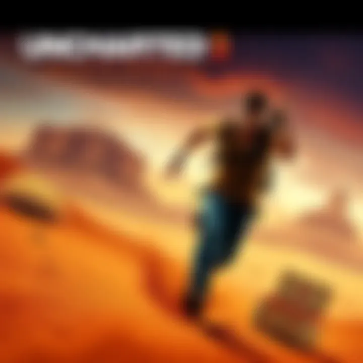 Nathan Drake running through a desert landscape with treasure in hand, showcasing excitement and action from the game.