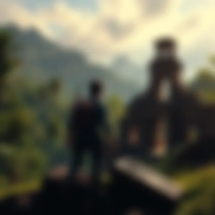 A dramatic scene from Uncharted 4 showing the main character exploring an ancient ruin with lush greenery and mountains in the background.