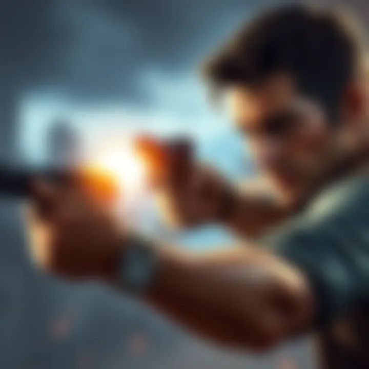 A character from Uncharted 4 aiming a pistol in a tense moment, showing focus and determination.