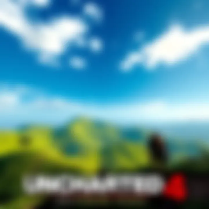 A vibrant view from Uncharted 4 showcasing lush green hills and a clear blue sky with a character exploring the terrain.