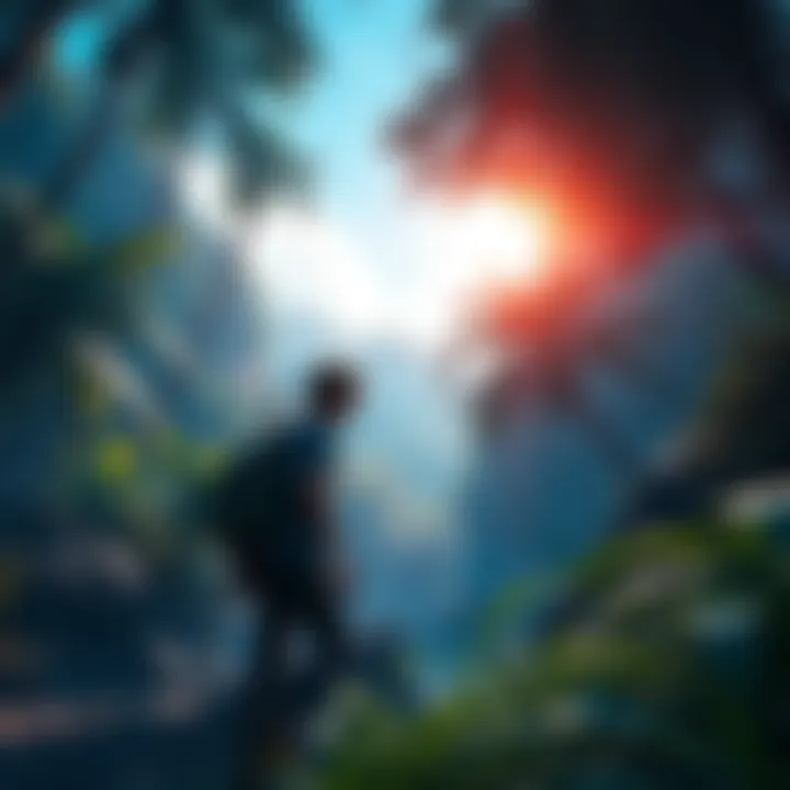 A character exploring a lush jungle setting in Uncharted 4, showcasing vibrant environments and adventure elements
