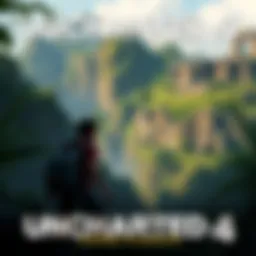 Nathan Drake exploring a lush jungle environment with rocky cliffs and ancient ruins in the background.