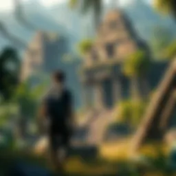 A character exploring a lush jungle environment with ancient ruins in the background on PS5 gameplay.