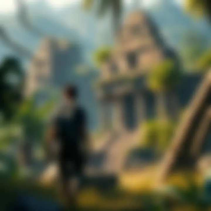 A character exploring a lush jungle environment with ancient ruins in the background on PS5 gameplay.