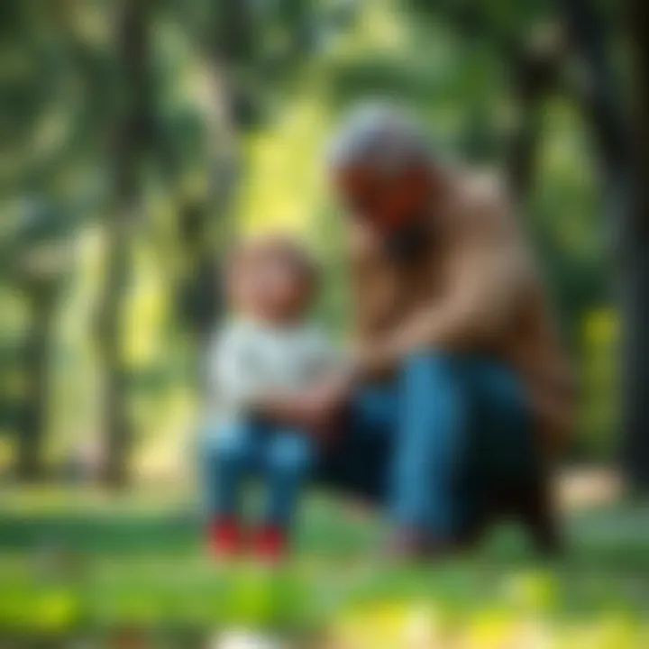 An uncle kneeling beside a child, both smiling and sharing a moment in a park, surrounded by trees.