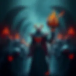 A dark character controlling an army of undead, standing with a staff of Orcus, in a shadowy setting.