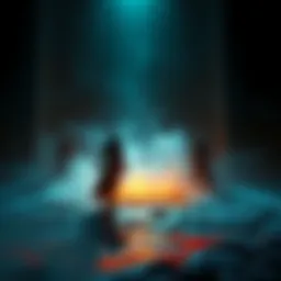 A group of undead figures approaching a glowing holy symbol on the ground, surrounded by shadows and eerie mist.